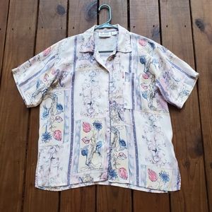 Vintage 90's S white purple pastel floral short sleeve button top